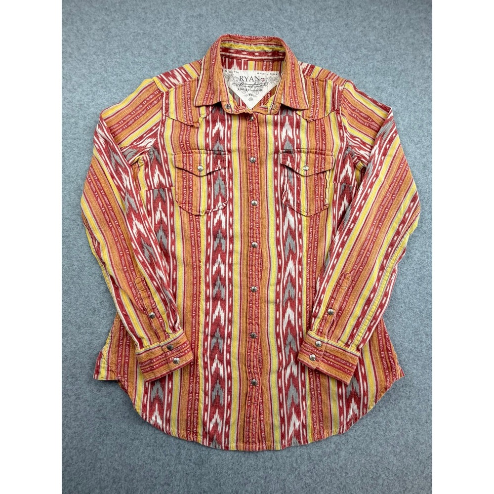 Ryan Michael Western Pearl Snap Shirt Womens Small Tomato Ikat Stripe Cotton